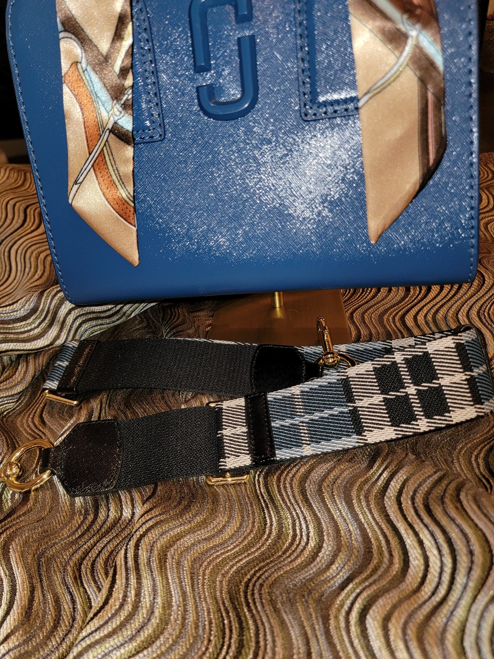 Structured Blue Crossbody Satchel with Twilly-Wrapped Handle - Picture 5 of 6